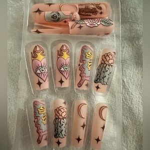 Press on nails pink long coffin with art